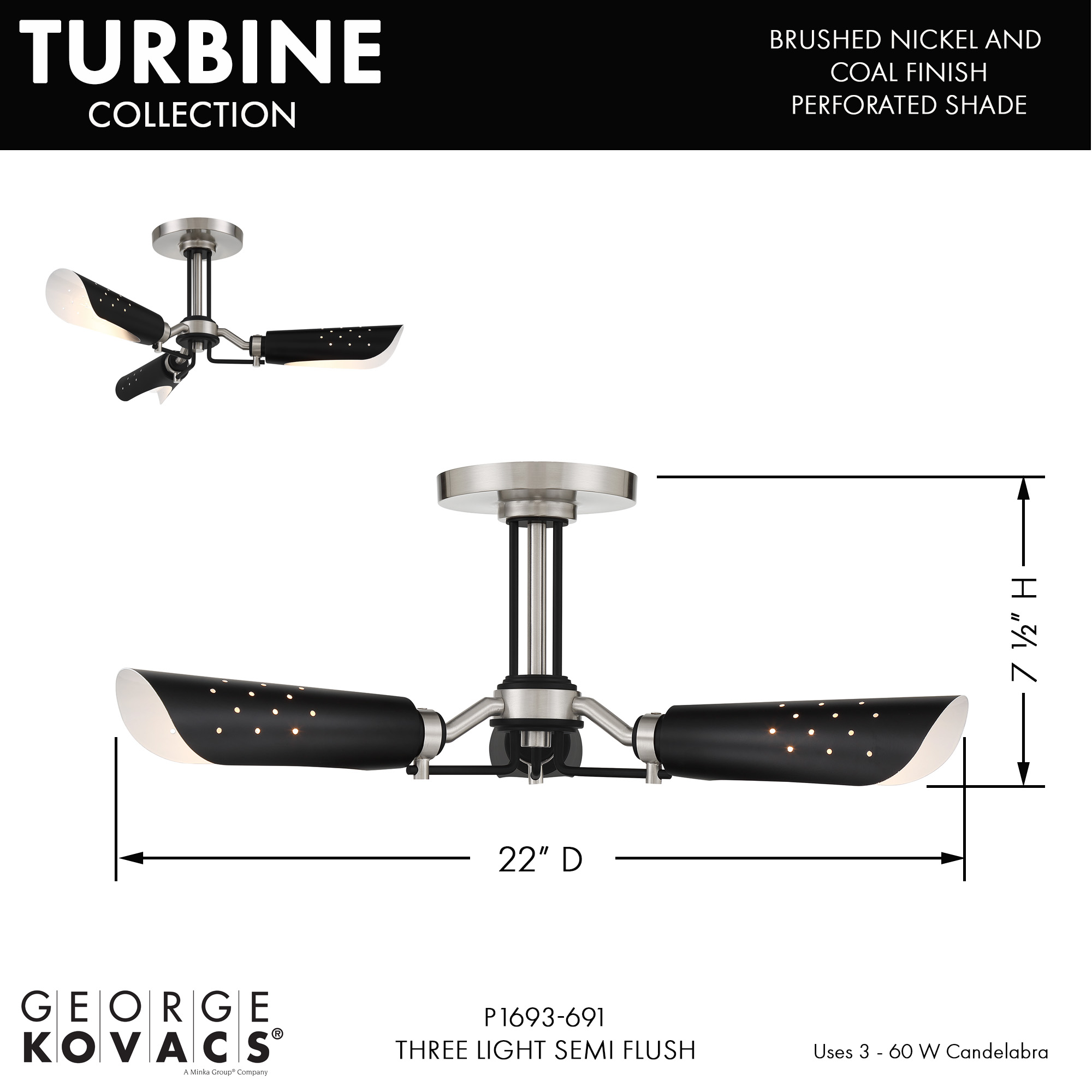 Turbine - 3 Light Semi Flush